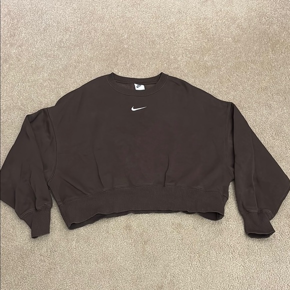 Nike Women's Brown Cropped Embroidered Logo Crewneck Sweatshirt - Size S - Picture 1 of 5